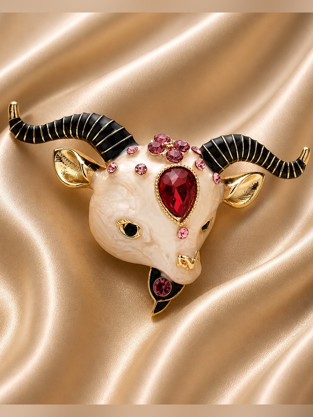 Luxury Ram Goat Head Red Ruby Crystal Brooch